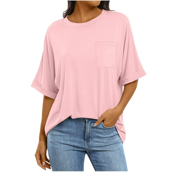 IROINNID Fashion Women's Casual Short Sleeve Pocket Tops Round Neck Solid Blouse Summer Loose Fits Beach Tee(Pink,M)