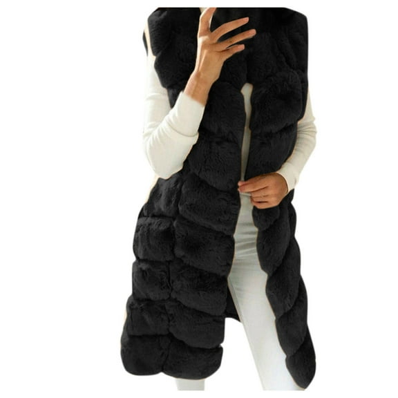 IROINNID Faux Fur Coat for Women Faux-fur Sleeveless Winter Warm Front Open Long Jacket Soft Vest for Women,Black