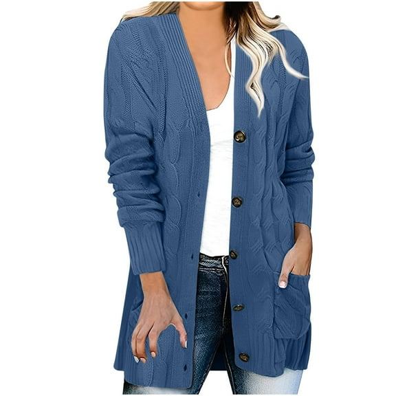 IROINNID Faux Fur Coat for Women Knitted Fall and Winter Front Open Button Down Cardigans Warm Leisure Solid Basic Cardigan with Pocket,Blue