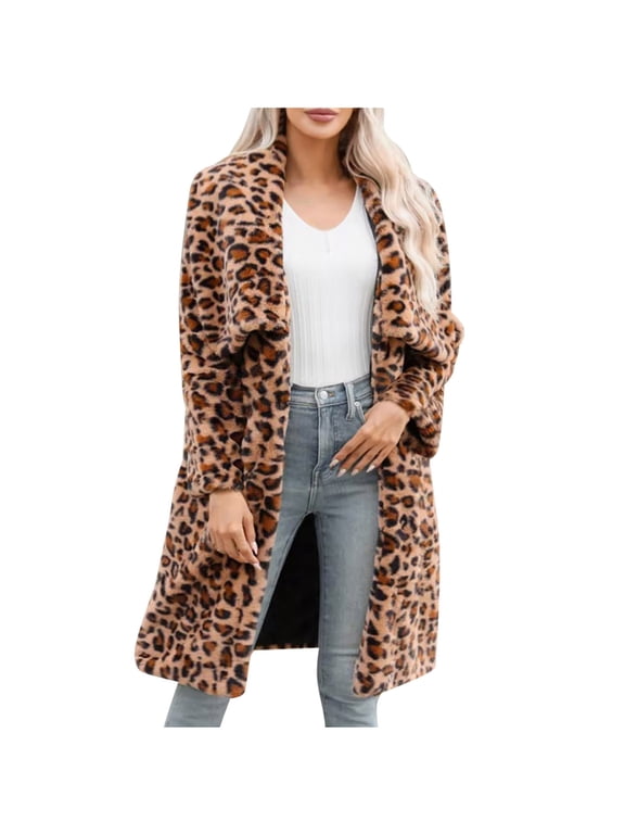Faux Fur Coat for Women Ladies Warm Faux-fur Leopard Print Maxi Thermal Coat Winter Solid Long Sleeve Oversize Outerwear(Brown#1,M)