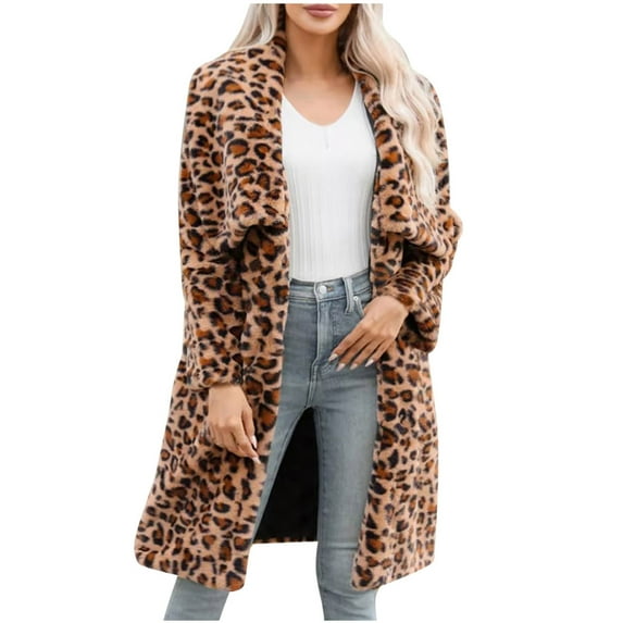 IROINNID Faux Fur Coat for Women Ladies Warm Faux-fur Leopard Print Maxi Thermal Coat Winter Solid Long Sleeve Oversize Outerwear(Brown#1,XL)