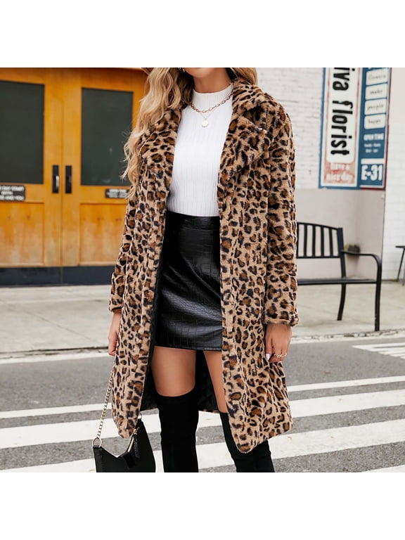 Faux Fur Coat for Women Ladies Warm Faux-fur Leopard Print Maxi Thermal Coat Winter Solid Long Sleeve Oversize Outerwear,Brown