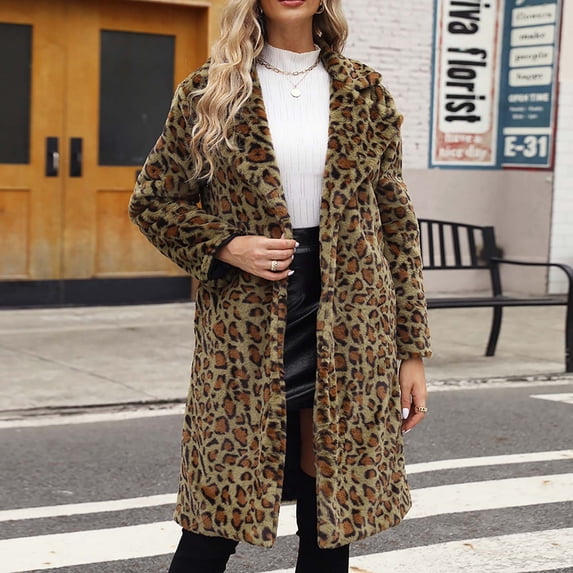 IROINNID Faux Fur Coat for Women Ladies Warm Faux-fur Leopard Print Maxi Thermal Coat Winter Solid Long Sleeve Oversize Outerwear,Green