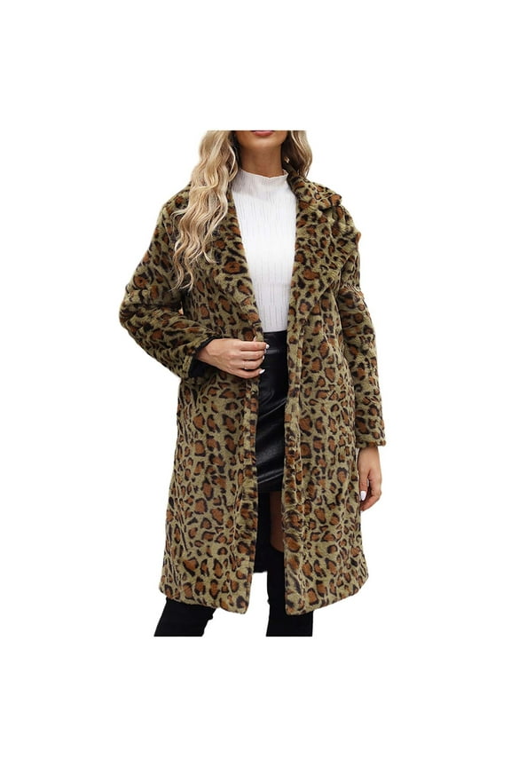 Faux Fur Coat for Women Ladies Warm Faux-fur Leopard Print Maxi Thermal Coat Winter Solid Long Sleeve Oversize Outerwear,Green