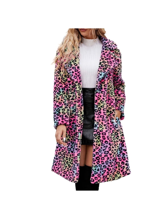 Faux Fur Coat for Women Ladies Warm Faux-fur Leopard Print Maxi Thermal Coat Winter Solid Long Sleeve Oversize Outerwear(Hot Pink,XL)