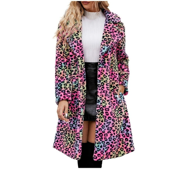 IROINNID Faux Fur Coat for Women Ladies Warm Faux-fur Leopard Print Maxi Thermal Coat Winter Solid Long Sleeve Oversize Outerwear,Hot Pink