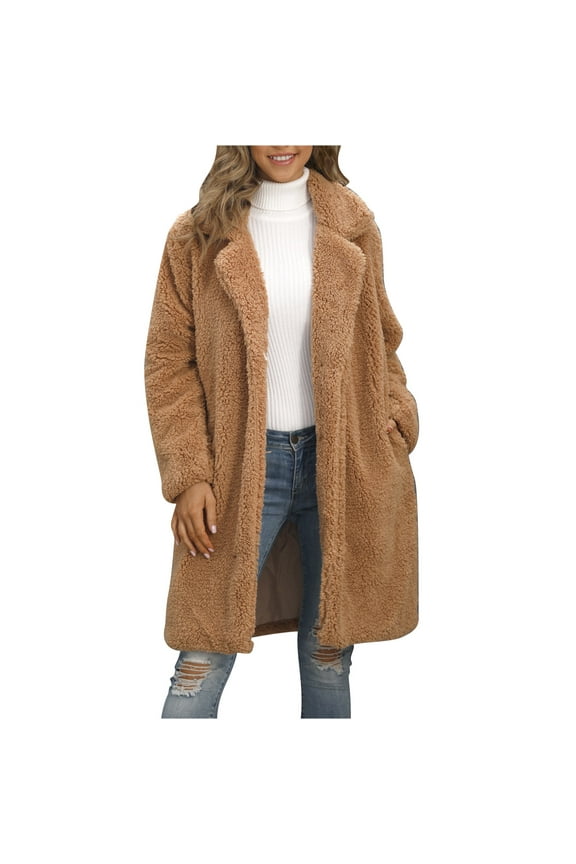 Faux Fur Coat for Women Winter Warm Shaggy Coat Casual Front Open Fluffy Long Coat,Khaki
