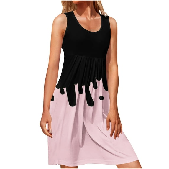 IROINNID Fit&Flare Dress For Women Sleeveless Round Neckline Casual Color-Blocking d Dress Strapless Contrast Color Dress