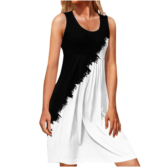 IROINNID Fit&Flare Dress For Women Sleeveless Round Neckline Casual Color-Blocking d Dress Strapless Contrast Color Dress