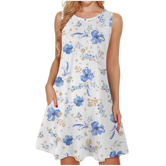 IROINNID Fit&Flare Dress For Women Sleeveless Round Neckline Letter Casual Pocket Long Maxi Dress Strapless Print Dress