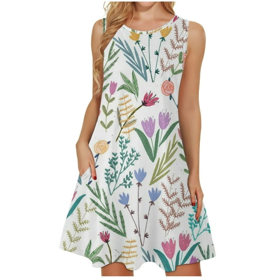 IROINNID Fit&Flare Dress For Women Sleeveless Round Neckline Letter Casual Pocket Long Maxi Dress Strapless Print Dress