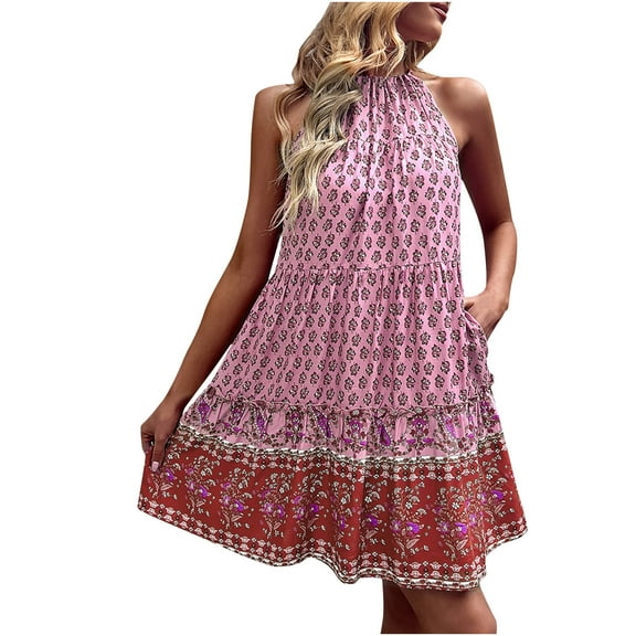 IROINNID Fit&Flare Dress For Women Sleeveless Round Neckline Summer Halter Neck Casual Lace-up Dress Strapless Print Dress