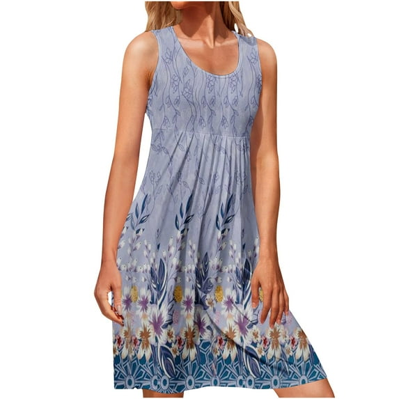 IROINNID Fit&Flare Dress For Women Strapless Sleeveless Summer Comfy Casual Loose Tank Dress Round Neckline Print Dress