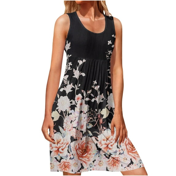 IROINNID Fit&Flare Dress For Women Strapless Sleeveless Summer Comfy Casual Loose Tank Dress Round Neckline Print Dress