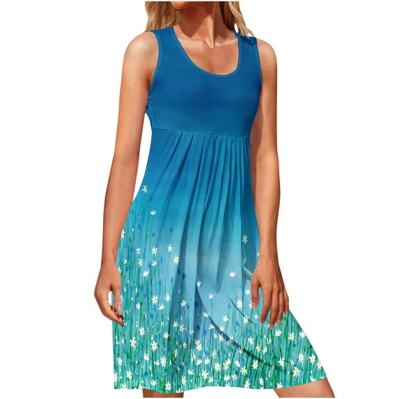 IROINNID Fit&Flare Dress For Women Strapless Sleeveless Summer Comfy Casual Loose Tank Dress Round Neckline Print Dress
