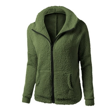 IROINNID Fleece Jacket for Women Solid Winter Warm Zip Up Jacket Solid Casual Fuzzy Coat with Pocket,Green