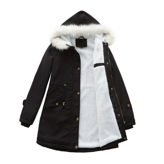 IROINNID Fleece Jacket for Women Winter Warm Plush Long Sleeve Jacket Casual Drawstring Hooded Thermal Coat with Pocket,Black