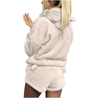 IROINNID Fleece Pajamas Set for Women Hooded Warm Tops with Elastic Shorts Two Pieces Sleepwear Winter Pajamas Set,Beige