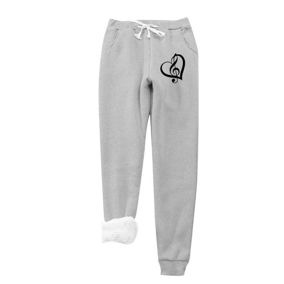 IROINNID Fleece Sweatpants for Women Casual Jogger Love Printing Leggings Drawstring Waist Thick Warm Elastic Pants with Pockets,Gray
