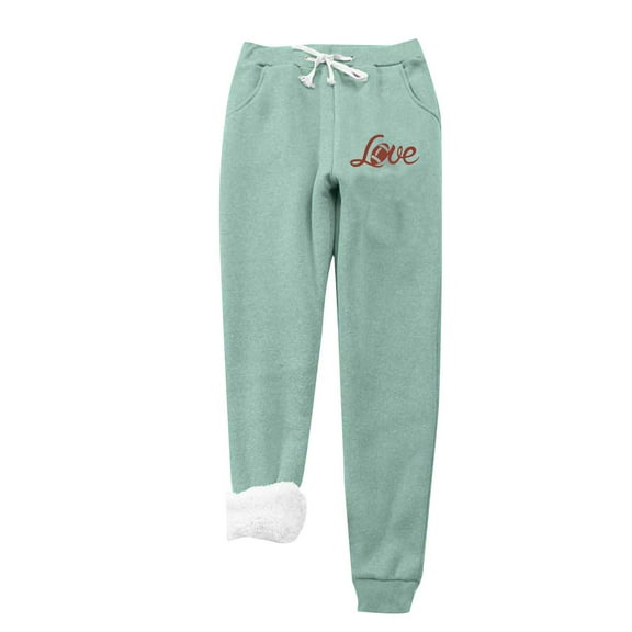 IROINNID Fleece Sweatpants for Women Casual Jogger Love Printing Leggings Drawstring Waist Thick Warm Elastic Pants with Pockets,Green