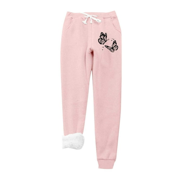 IROINNID Fleece Sweatpants for Women Casual Jogger Printing Leggings Drawstring Waist Thick Winter Warm Elastic Pants with Pockets,Pink