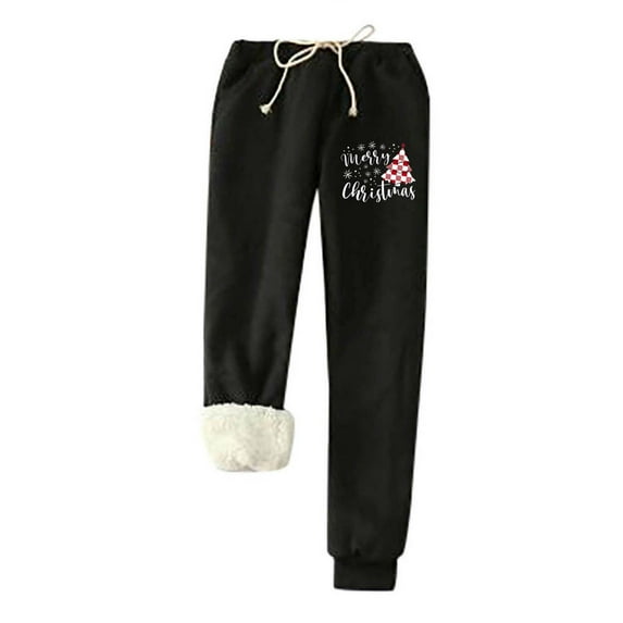 IROINNID Fleece Sweatpants for Women Christmas Printed Winter Pants Lamb Fleece Elastic Thickened Plush Warm Sweatpants,Black