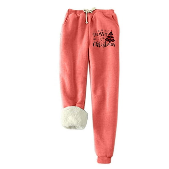 IROINNID Fleece Sweatpants for Women Christmas Printed Winter Pants Lamb Fleece Elastic Thickened Plush Warm Sweatpants,Red
