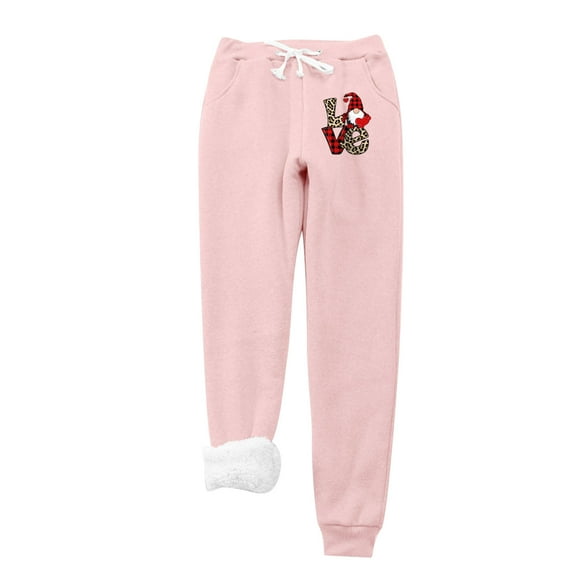 IROINNID Fleece Sweatpants for Women Fleece Christmas Santa Claus Print Leggings Drawstring Waist Thick Warm Elastic Pants with Pockets,Pink