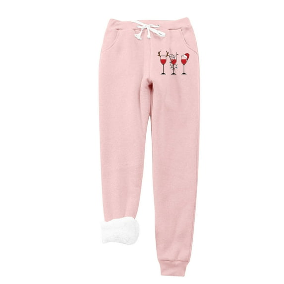 IROINNID Fleece Sweatpants for Women Fleece Christmas Wine Glass Print Leggings Drawstring Waist Thick Warm Elastic Pants with Pockets,Pink