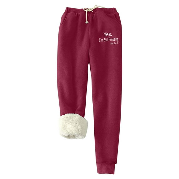 IROINNID Fleece Sweatpants for Women Thermal Christmas Printed Winter Pants Lamb Fleece Elastic Thickened Plush Keep Warm Sweatpants,Burgundy