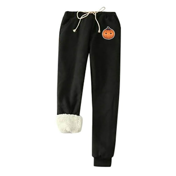 IROINNID Fleece Sweatpants for Women Thermal Printed Winter Pants Lamb Fleece Elastic Thickened Plush Warm Sweatpants,Black