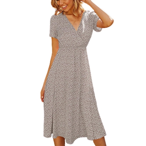 IROINNID For For Women Casual Fashion Summer V Neck Short Sleeve Loose Solid Dress Cheap