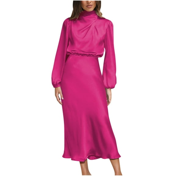 IROINNID Formal Dress for Women Wedding Guest Evening Party Formal Dress Sense Dress Spring And Fall Halter Long Sleeve Gown Satin Elegant Evening Gown,Pink
