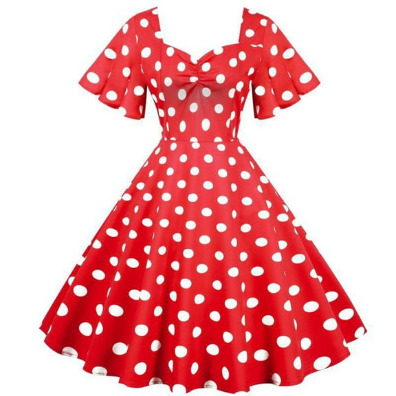 IROINNID Formal Dress for Women Wedding Guest Evening Night Party Dress Elegant Ladies Polka Puffy Short-Sleeved V-neck Printing High Waist Dress,Red