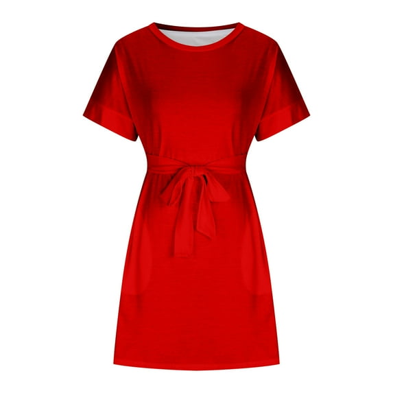 IROINNID Formal Dress for Women Wedding Guest Evening Night Party Dress Trendy Lace Up Round Neck Short Sleeved Waistband Dress,Red