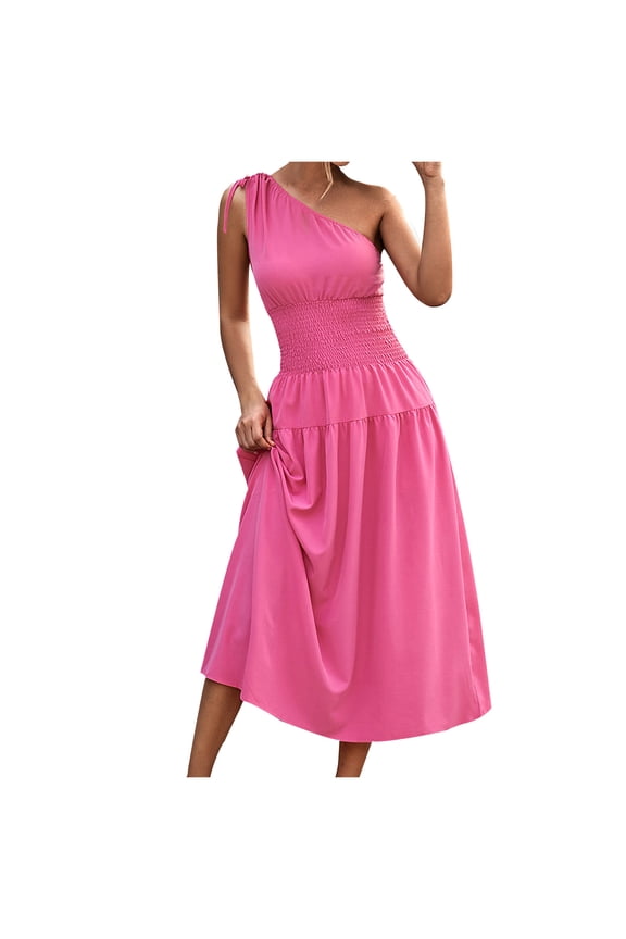 Formal Dress for Women Wedding Guest Evening Night Party Dress Trendy Summer Skew Neck Solid Sleeveless Party Club Long Dress,Hot Pink