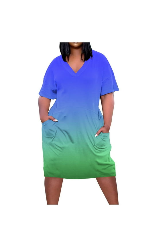 Formal Dress for Women Wedding Guest Homecoming Party Trendy Plus Size Dress V Neck Summer Knee Length Sleeve Sundress,Blue