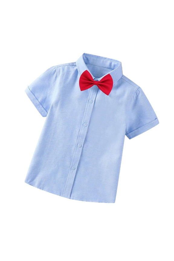 Formal School Unifor Toddler Boys Short Sleeve Blouse Solid Color Gentleman's School Uniform Shirt Bow Tie Suit ,Blue