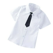IROINNID Formal School Unifor Toddler Boys Short Sleeve Blouse Solid Color Gentleman's School Uniform Shirt Tie Suit Deals,Beige