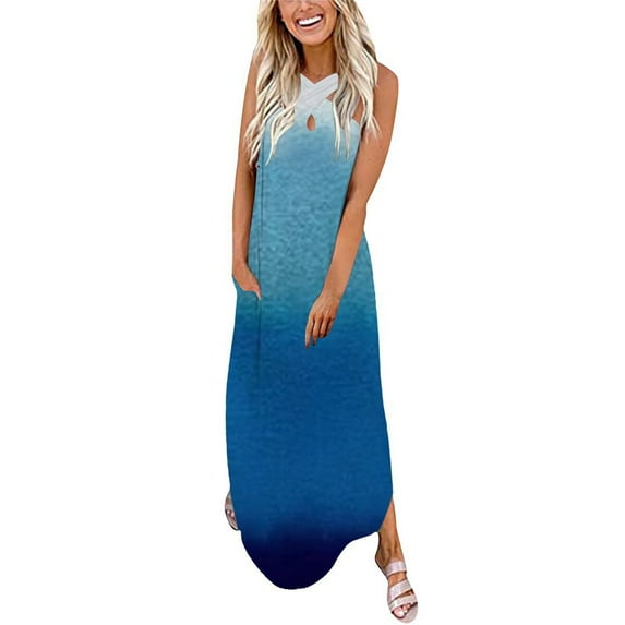 IROINNID Full-Length Dress For Women Printed Casual Loose Summer Tank Beach Sundress Dresses Sleeveless V-Neck Sundress