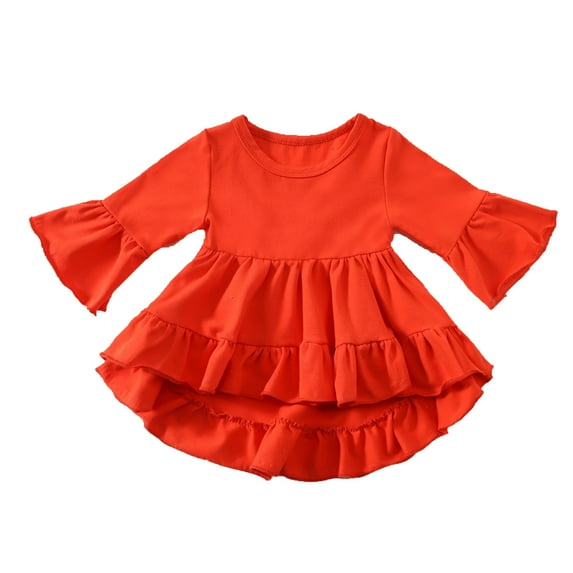 IROINNID Girls Long Sleeve Dress Toddler Girl Clothes Cute Solid Color Ruffles Trumpet s Top Bottoming Shirt,Orange