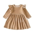 thumbnail image 1 of IROINNID Girls Long Sleeve Dress Toddler Girl Clothes Sweet Round-Neck Flock Macrame Solid Color Princess Dress,Khaki, 1 of 4