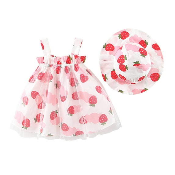 IROINNID Girls Summer Clothes Dress Fruit Printed Mesh Suspender With Hat Two-piece Suit 2-3T