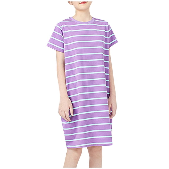 IROINNID Girls' Summer Nightgown Dress 5-13 Years Big Girls A-Line Dress Fashion Striped Short Sleeved Dress for Comfortable and Versatile Wear