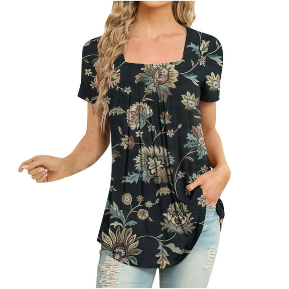 IROINNID Going Out Tops For Women Fashion Printed Casual Round-Neck Short Sleeve Loose Tops Spring