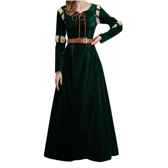 IROINNID Halloween Costumes For Women A-Line Dress Deals Solid Color Vintage Retro Princess Dress Queen Cosplay Dress,Olive Green