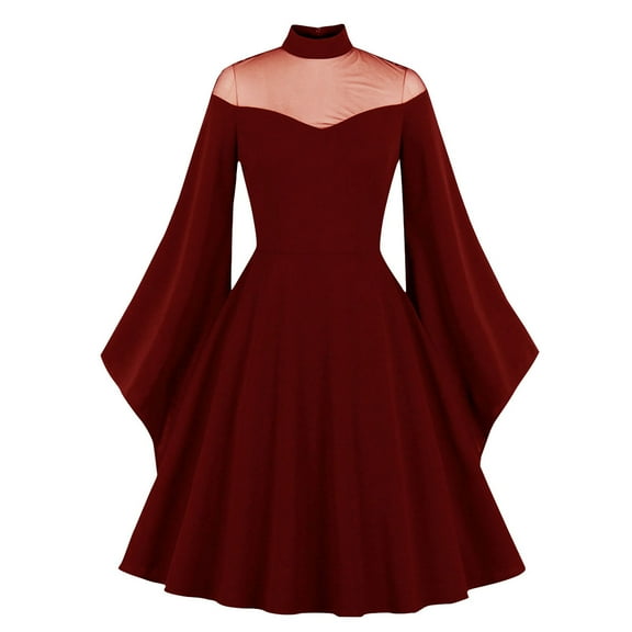 IROINNID Halloween Costumes For Women A-Line Dress Hallow Dress Half High Collar Neck Solid Color Long Sleeve Halloween Dress,Burgundy