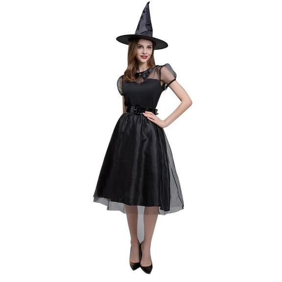 IROINNID Halloween Costumes For Women A-Line Dress Solid Color Causal Round Neck Short Sleeve Cosplay Dress,Black