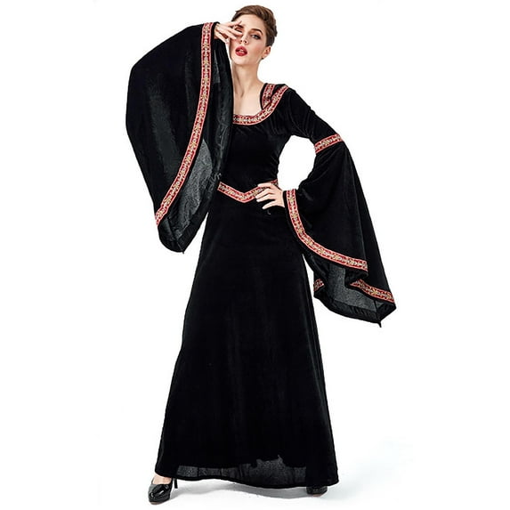 IROINNID Halloween Costumes For Women Empire Dress Vampire Cosplay Costume Vintage Witch Long Sleeve Hooded Maxi Dress,Black