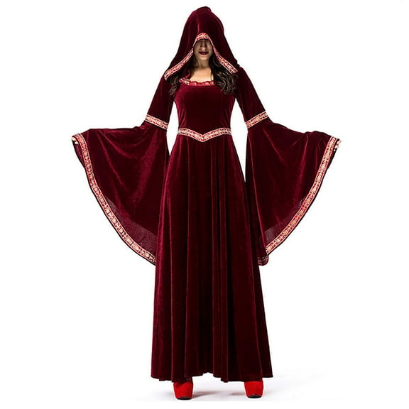 IROINNID Halloween Costumes For Women Empire Dress Vampire Cosplay Costume Vintage Witch Long Sleeve Hooded Maxi Dress,Burgundy